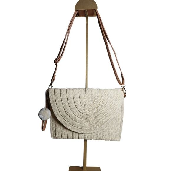 Cream Woven Straw Envelope Bag Crossbody or Clutch with Embroidery & Pom Pom - Picture 1 of 7